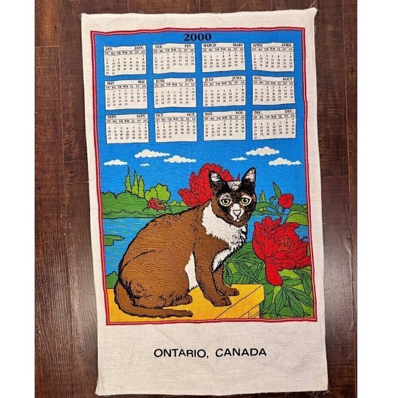 Vintage 2000 Cotton Tea Towel Calendar 26.5"x19" - Ontario, Canada Cat Design - Picture 1 of 3
